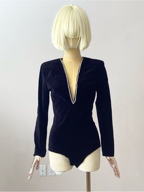 Isabel Marant NWT Black Long-Sleeve V Neck Crystal Embellished Bodysuit XS